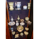 A quantity of Wedgwood Jasperware ornaments, to include green and blue vases,