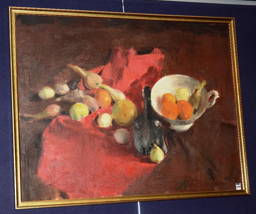 Unknown Artist
'Still Life of Fruit on Red Cloth'
Oil on canvas, unsigned,