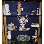 A quantity of mainly 19th century pottery, to include Imari candlesticks, possibly Derby,