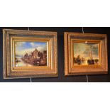 A pair of gilt frames, with Dutch scenes, prints on board,