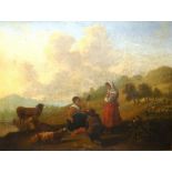 Ascribed to George Morland (1763-1804)
'Rural Scene with Sheep and Three Figures'
Oil on canvas,
