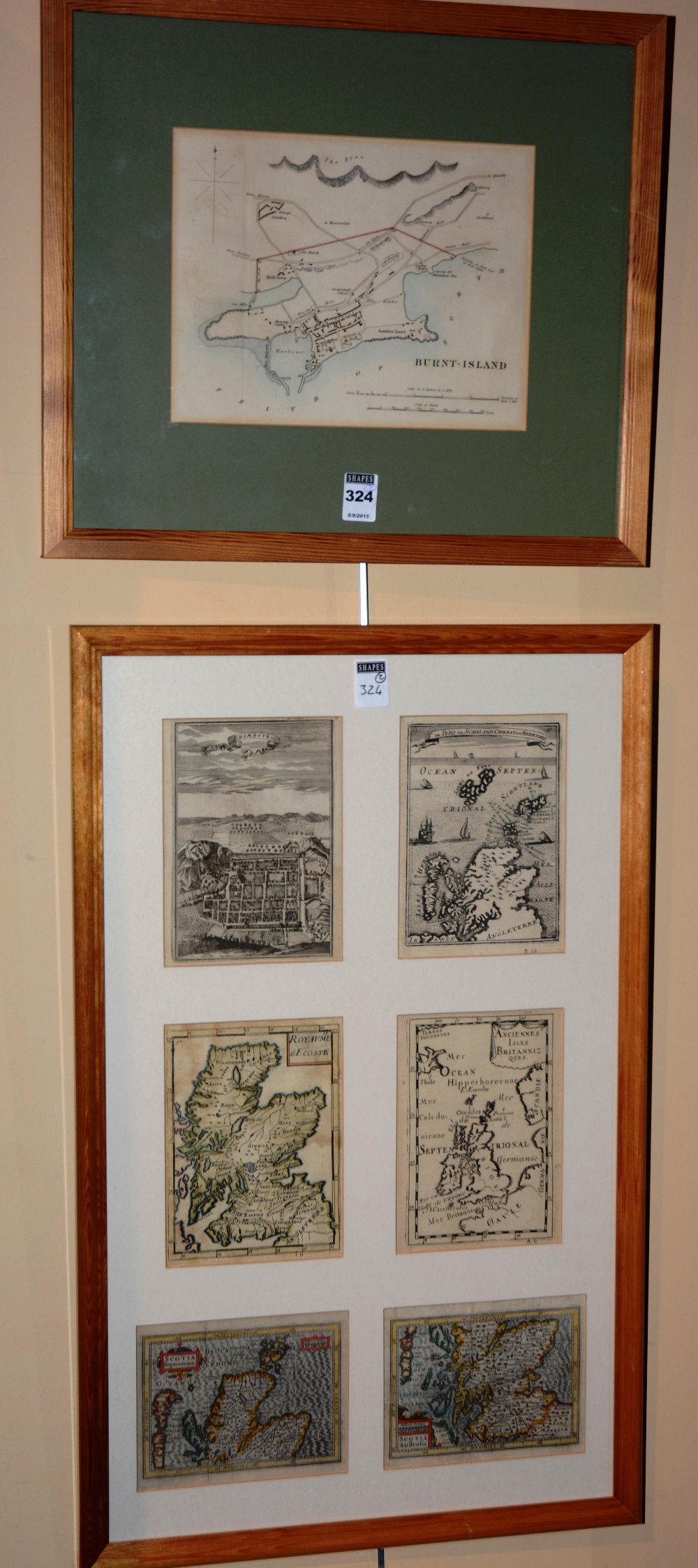 A framed map of Burntisland, and a map of Scotland, prints,