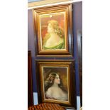 A pair of vintage pears style portrait pictures, both depicting females with flowers in hair,