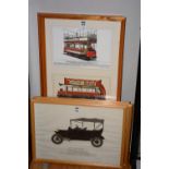 A set of five car, bus and tram prints,