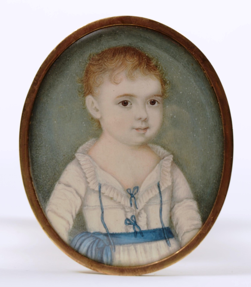 Unknown Miniaturist
'Infant Boy in a White Dress'
Watercolour and body colour on ivory, 5.3 cm