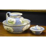 A crescent pottery toilet set, comprising of toilet ewer, basin and soap dish,