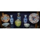 A quantity of Oriental pottery, to include 18th century Imari plate, 23cm diameter, Satsuma plate,