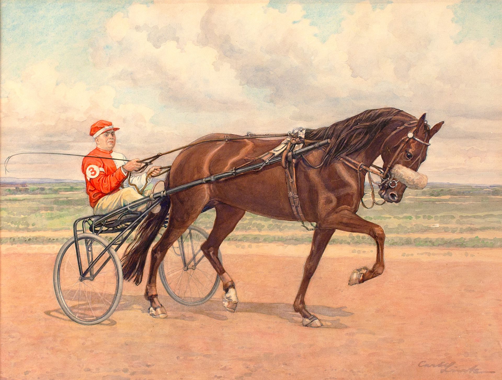 CARL LINK (GERMAN 1887-1968)Racehorse Gilka with Owner Max Von Vas, watercolor on paper33.7 x 44.5