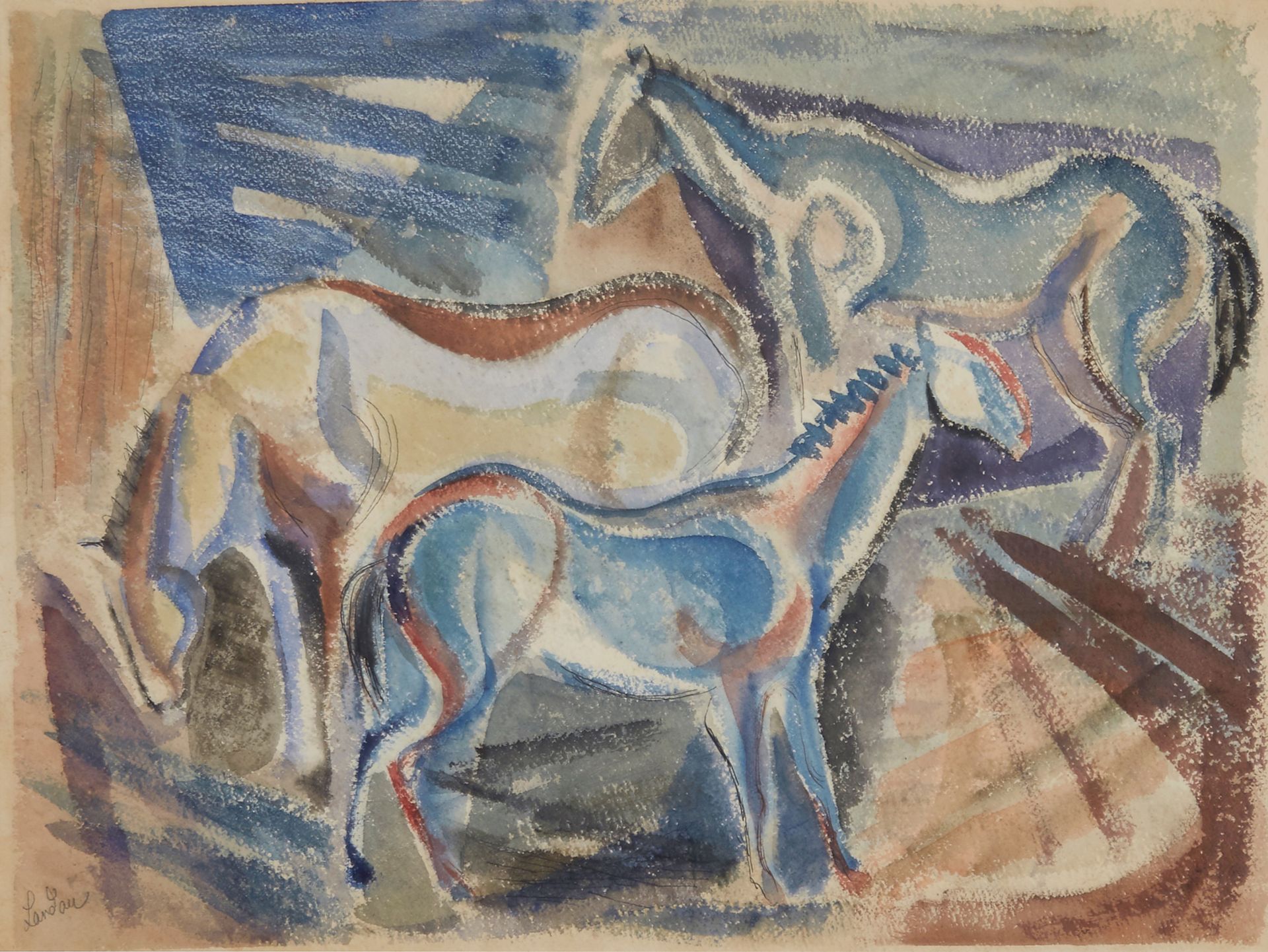 SIGMUND LANDAU (POLISH 1898-1962)   The Horses ,  watercolor and ink on paper 42 x 56 cm (16 1/2 x