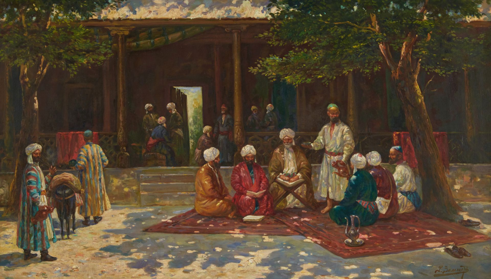 RICHARD KARLOVICH ZOMMER (RUSSIAN 1866-1939)   The Quran School ,  oil on canvas 57 x 98 cm (22 1/2