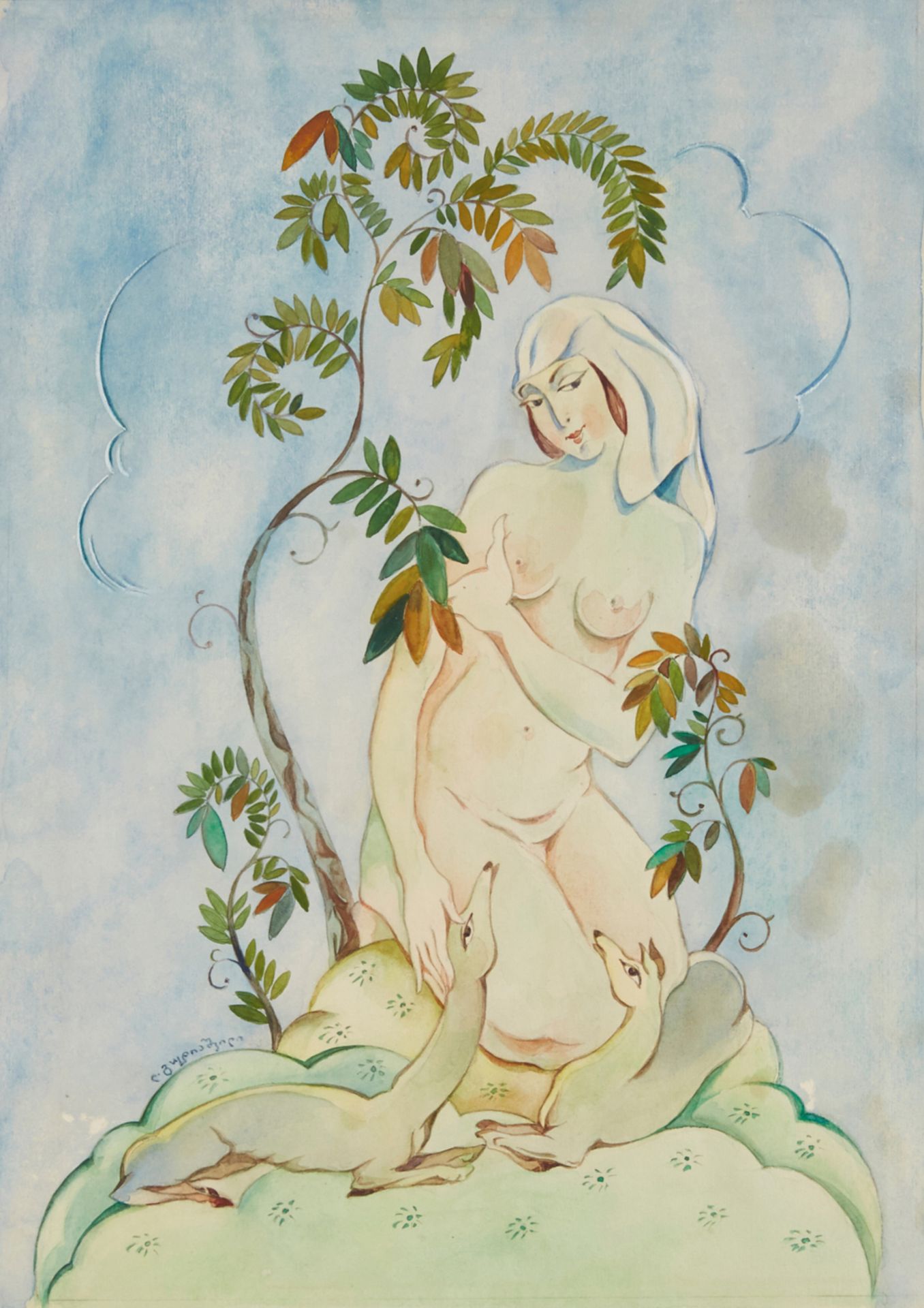 LADO GUDIASHVILI (GEORGIAN 1896-1980)   Nude with Fawns ,  watercolor and gouache on paper 43.1 x