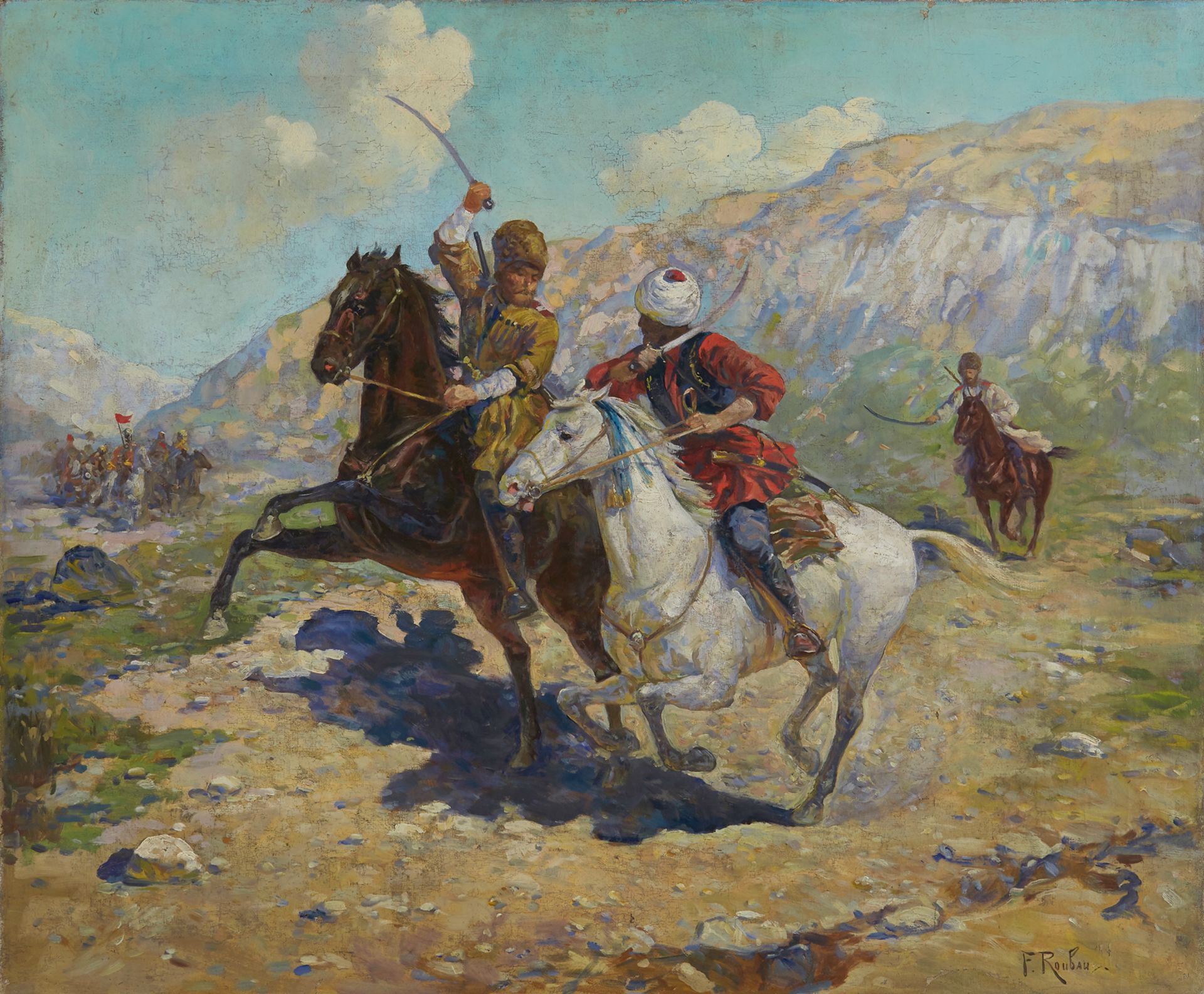 FRANZ ALEKSEEVICH ROUBAUD (RUSSIAN 1856-1928)   The Ambush ,  oil on canvas 74 x 89.5 cm (29 1/8 x