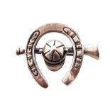 Vintage horseshoe, horn and riding cap silver brooch Worldwide shipping available on all items.