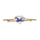 Antique silver, gold and blue enamel bird bar brooch Worldwide shipping available on all items.