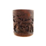 Nineteenth-century Chinese carved bamboo scholar's brush pot depicting figures beneath pine trees