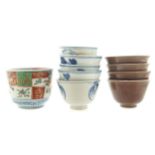 Four Chinese cafe au lait tea bowls  5 assorted blue and white tea bowls and a Imari patterned tea