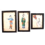 Group of three nineteenth-century Chinese portrait miniatures on silk  14 cm. high and lower