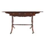 Mahogany sofa table the rectangular top, with D-shaped drop leaves, above two real and opposing