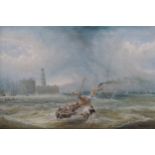 H. Hook steamship in Dún Laoghaire harbour, signed oil on canvas, enclosed in a gilt frame Worldwide