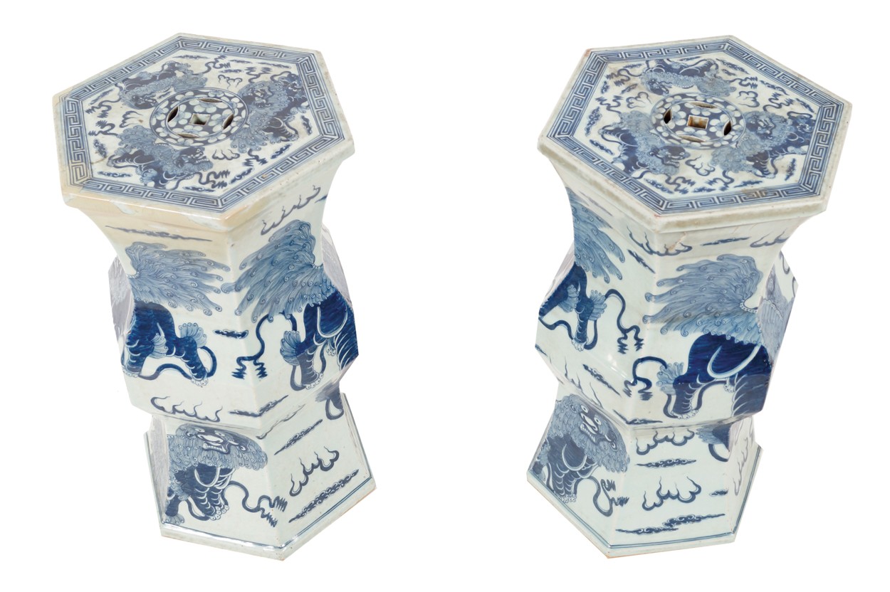 Pair of early twentieth-century Chinese blue and white pedestals each decorated with kilin amongst - Image 2 of 8