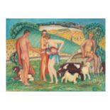 Twentieth-century French School figures in a pastoral landscape, oil on canvas laid on board, signed