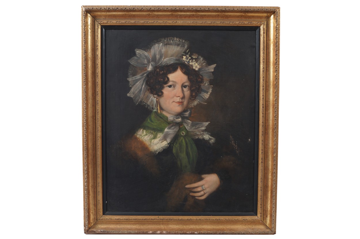 Nineteenth-century English School portrait of a lady, wearing a lace and flower decorated bonnet,, - Image 2 of 7