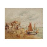 Nineteenth-century English School moored sailing boat in a fishing village, oil on canvas