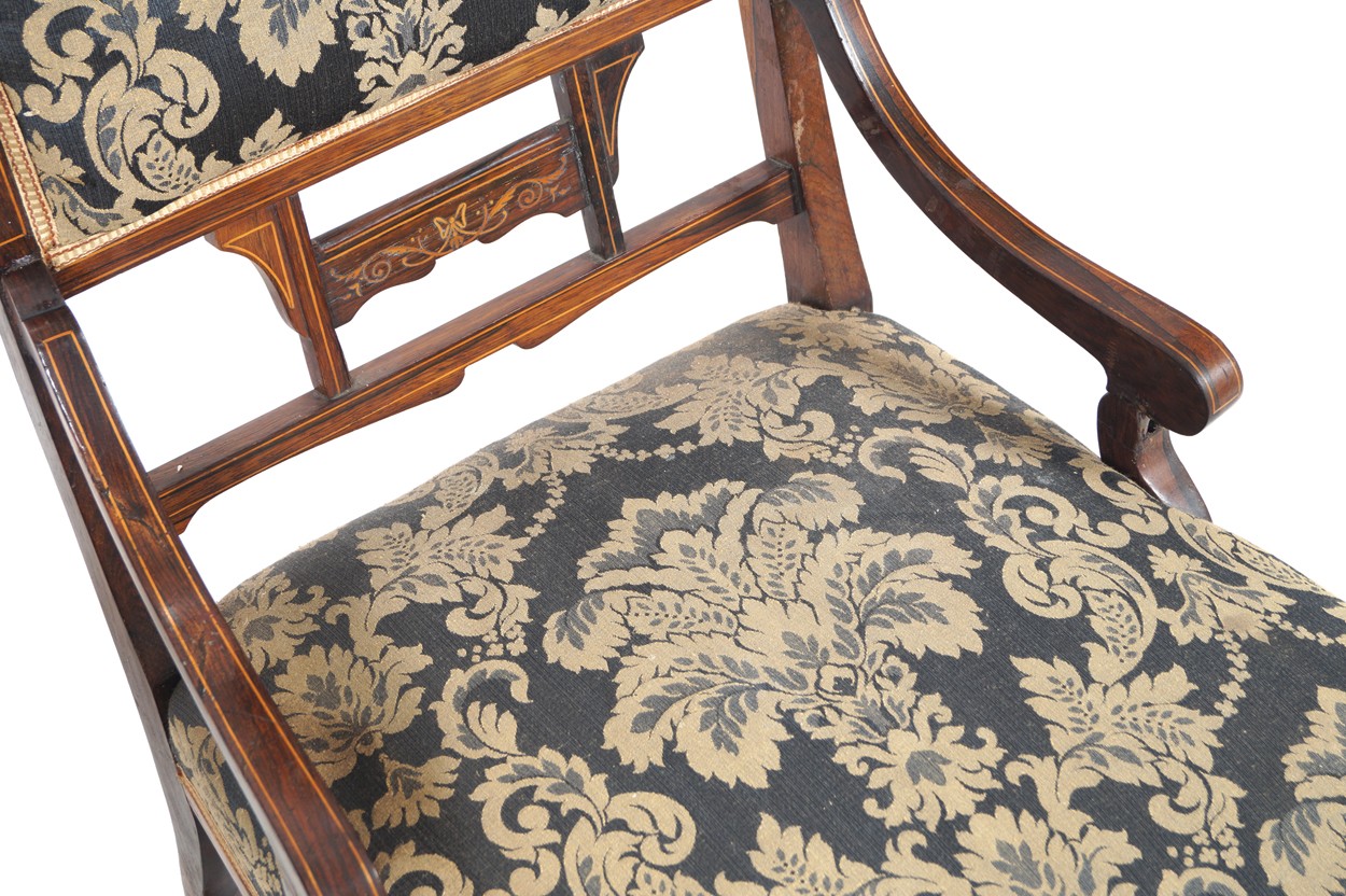 Pair of Edwardian rosewood and marquetry chairs a lady's and a gent's Worldwide shipping - Image 4 of 6