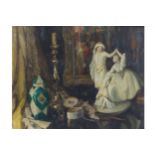 M. Preussner still life depicting figurines, candlestick, painting and jewellery box, signed oil