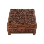 Nineteenth-century Chinese carved hardwood box with profuse figural and architectural decoration