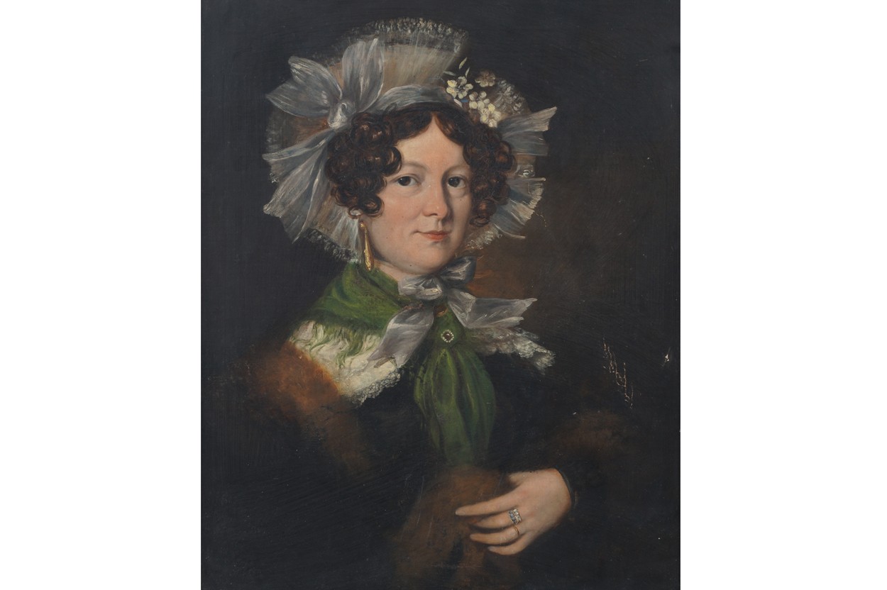 Nineteenth-century English School portrait of a lady, wearing a lace and flower decorated bonnet,,