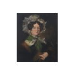 Nineteenth-century English School portrait of a lady, wearing a lace and flower decorated bonnet,,