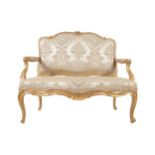 Nineteenth-century carved giltwood Louis XV style settee with damask upholstered back and seat