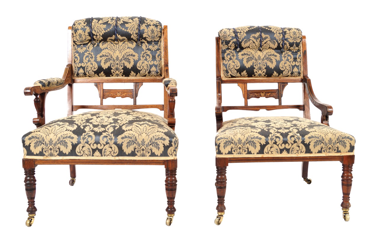 Pair of Edwardian rosewood and marquetry chairs a lady's and a gent's Worldwide shipping