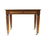 Regency rosewood brass inlaid library table the rectangular top above two frieze drawers, raised