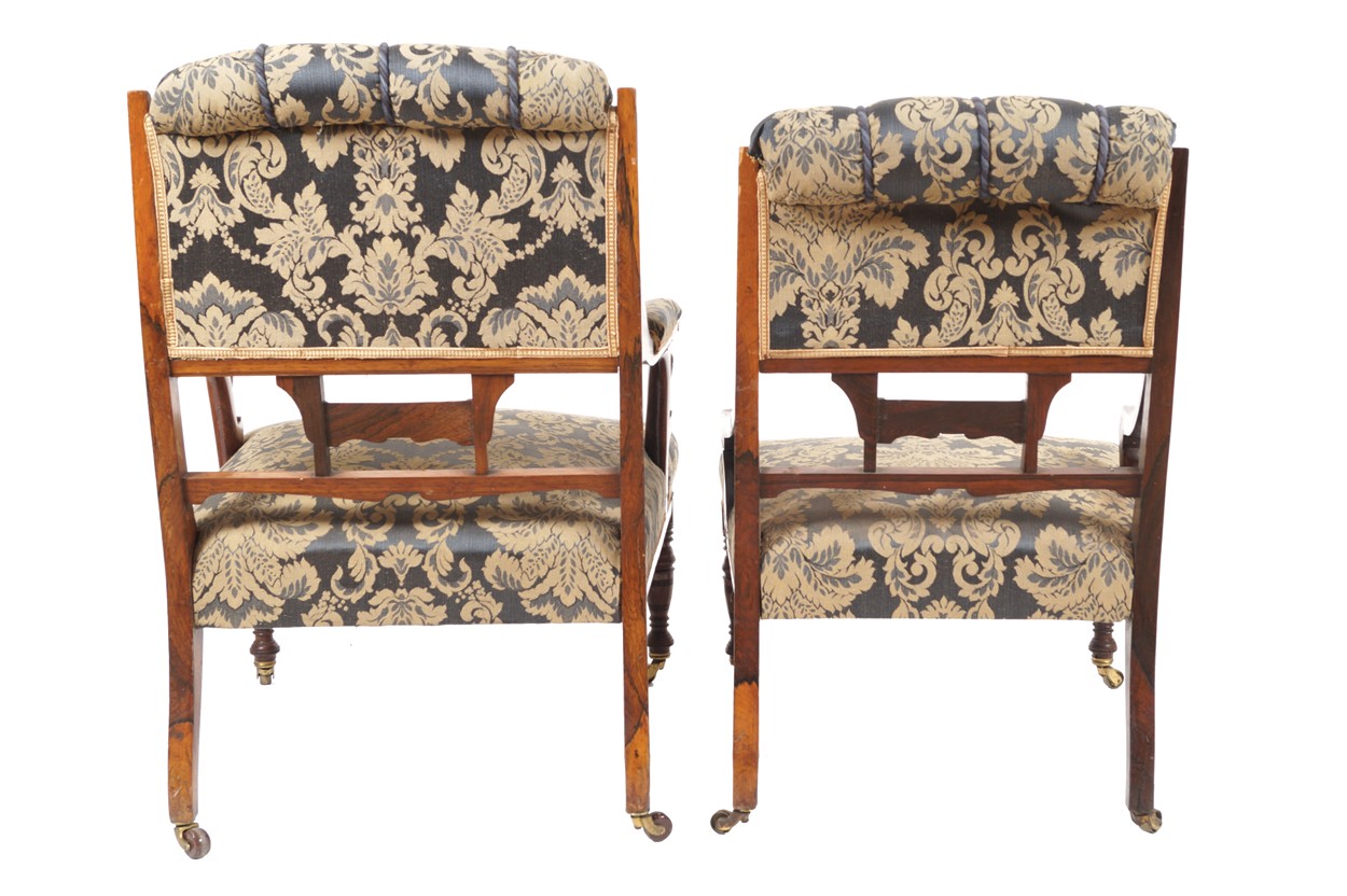 Pair of Edwardian rosewood and marquetry chairs a lady's and a gent's Worldwide shipping - Image 3 of 6