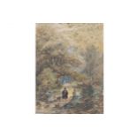 Nineteenth-century English School figures in a wooded landscape, watercolour Worldwide shipping