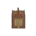 Edwardian carved mahogany slope front coal box with inset embossed brass panel, brass handle and