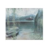 M. Sinclair boat in a river landscape with island in the distance, oil on board Worldwide shipping