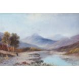 J. Murray river and mountain landscape with figure in a board and figure walking along the shore,