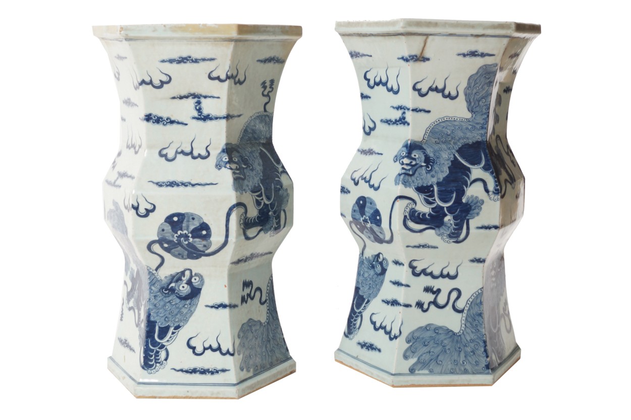 Pair of early twentieth-century Chinese blue and white pedestals each decorated with kilin amongst - Image 3 of 8