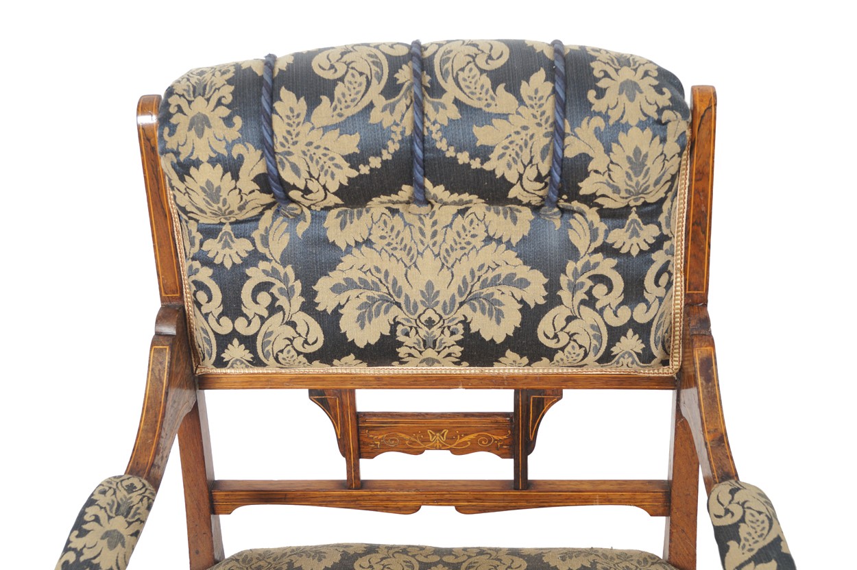 Pair of Edwardian rosewood and marquetry chairs a lady's and a gent's Worldwide shipping - Image 5 of 6