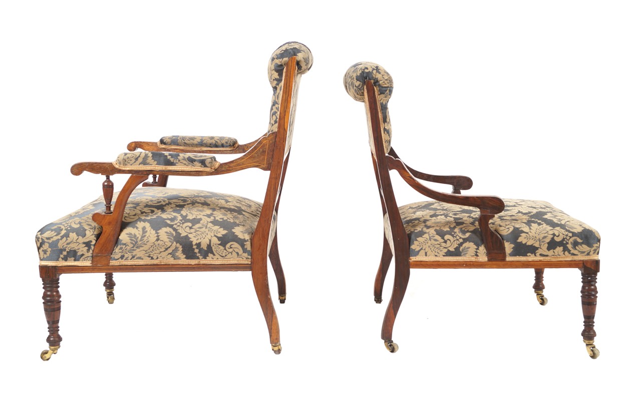 Pair of Edwardian rosewood and marquetry chairs a lady's and a gent's Worldwide shipping - Image 2 of 6