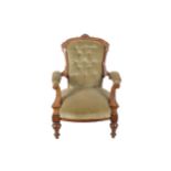 Victorian walnut and deep buttoned upholstered gents armchair, circa 1880 Worldwide shipping