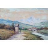 W. Crespi figure walking near village in mountainous landscape, signed oil on canvas Worldwide