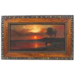 Hudson River School lake scene at sunset, oil on canvas Worldwide shipping available: shipping@