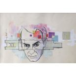 HENRY T. Abstract face amongst geometrics Mixed media  Direct all shipping enquiries to shipping@