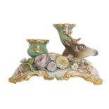 NINETEENTH-CENTURY PORCELAIN FLOWER ENCRUSTED PEN AND INK STAND Comprising: an ink bowl, and a