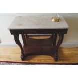 REGENCY PERIOD MAHOGANY CONSOLE TABLE the rectangular veined marble top, above a frieze drawer,