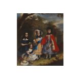 ENGLISH SCHOOL Portrait of four children in a rural landscape Oil on canvas, enclosed in an ornate